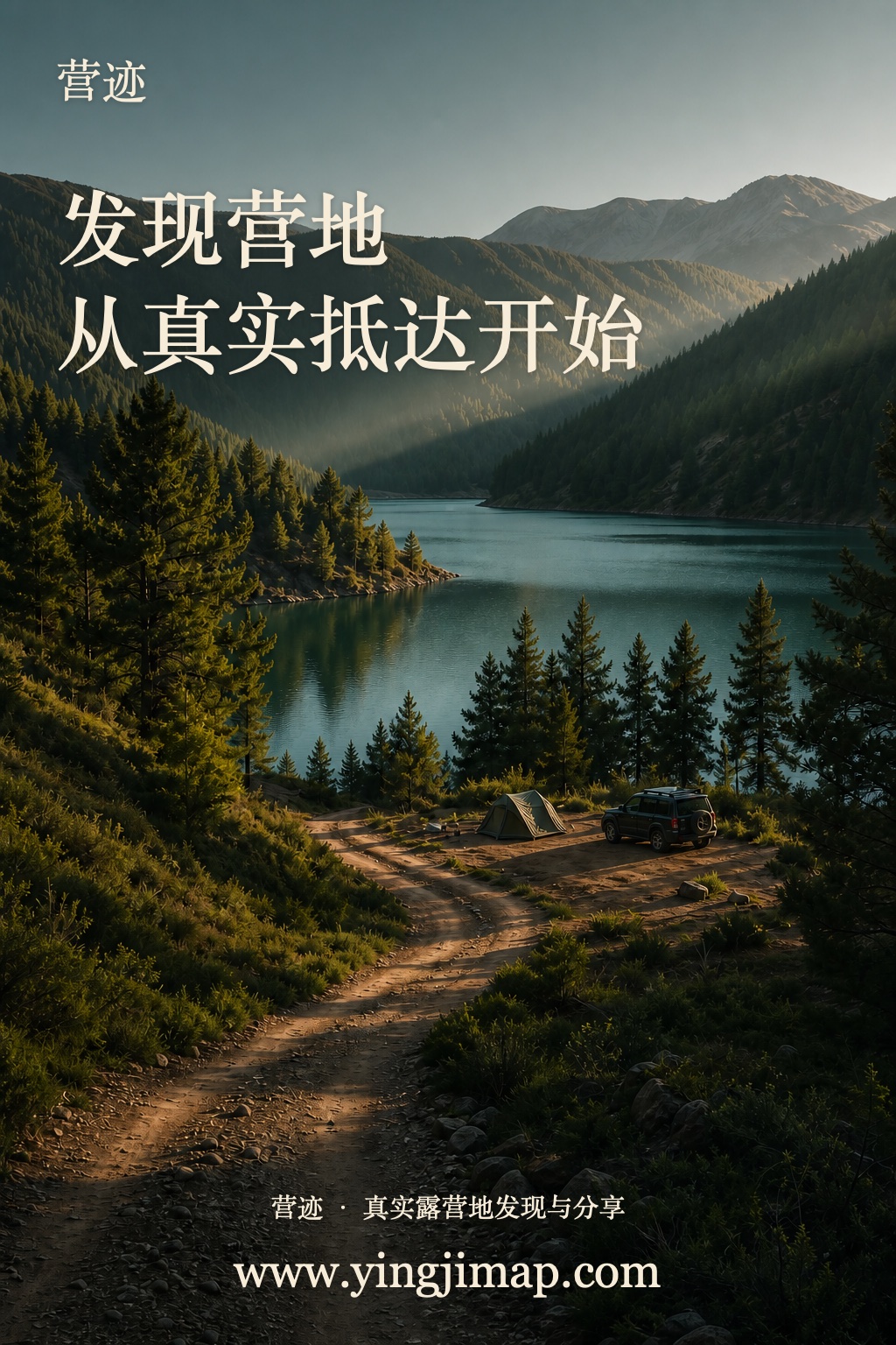 营迹宣传图:山路通向湖畔营地,发现营地,从真实抵达开始。官网 www.yingjimap.com